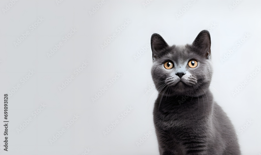 Cute British kitten black cat facing forward with blank background copy space Cute British kitten black cat facing forward with blank background copy space