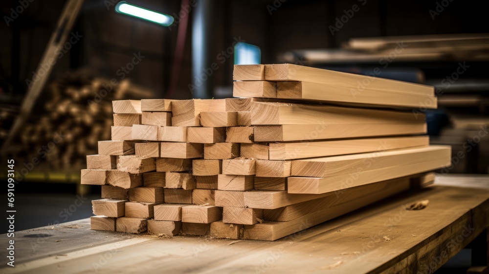 A stack of freshly planed wooden planks on a workbench in a woodworking shop. A stack of freshly planed wooden planks on a workbench in a woodworking shop.
