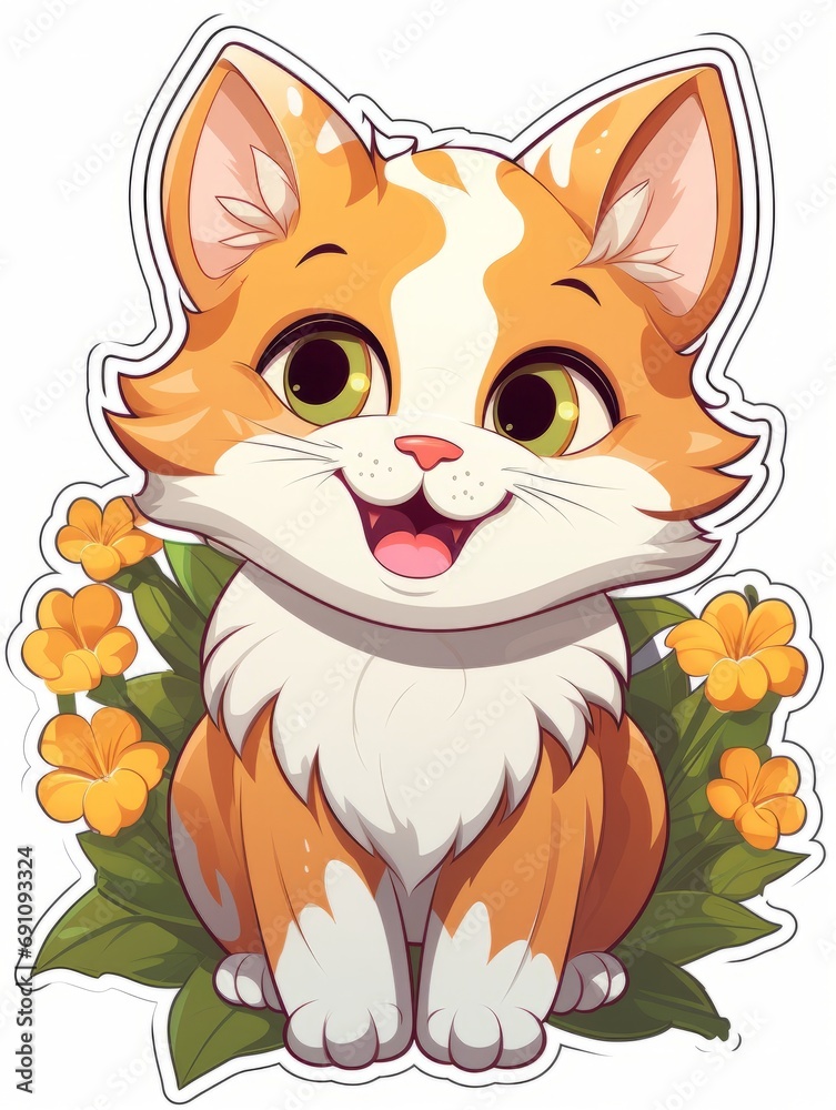 Cartoon sticker cute kitten with flowers, AI Cartoon sticker cute kitten with flowers, AI