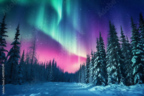 Night scene of a snow-covered pine forest and northern lights