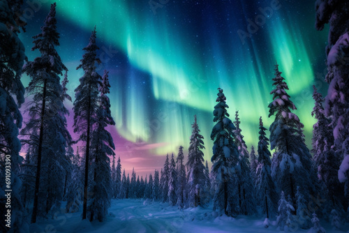 Night scene of a snow-covered pine forest and northern lights