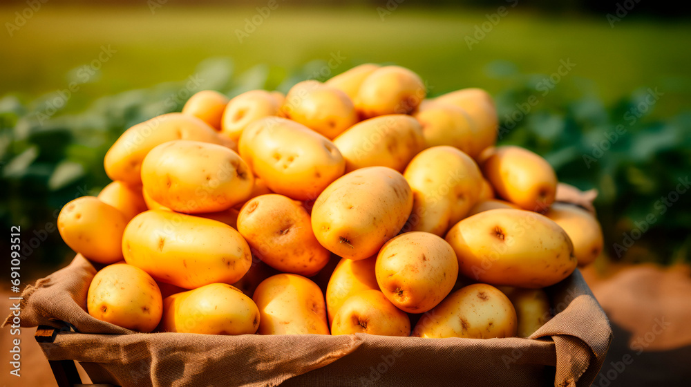 close up of a tray full of delicious freshly picked farm fresh potatoes, organic product. view from above. AI generate