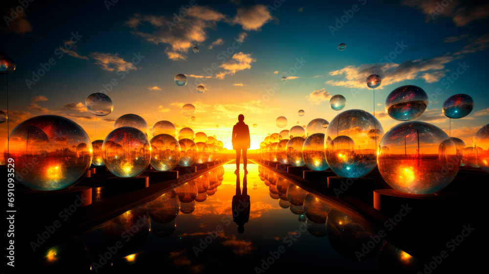 Obraz premium Image of a person standing inside a perspective of glass spheres in the sunset sky.