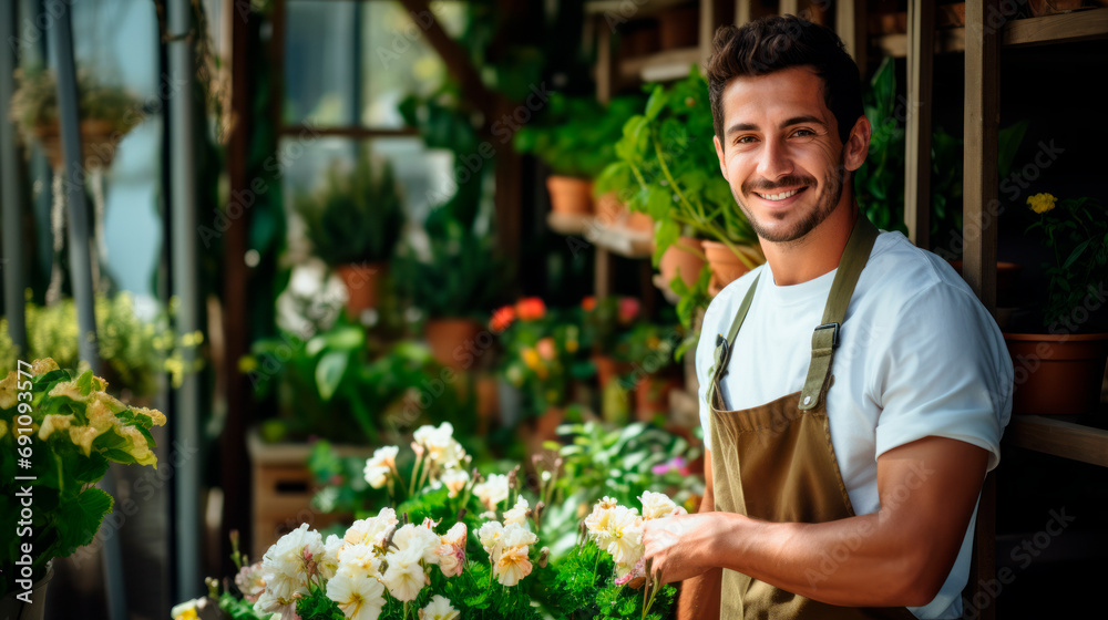 young male florist, flower shop owner. She poses with a smile at his workplace. Small business concept.