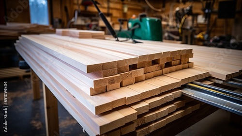 A stack of freshly planed wooden planks on a workbench in a woodworking shop. photo