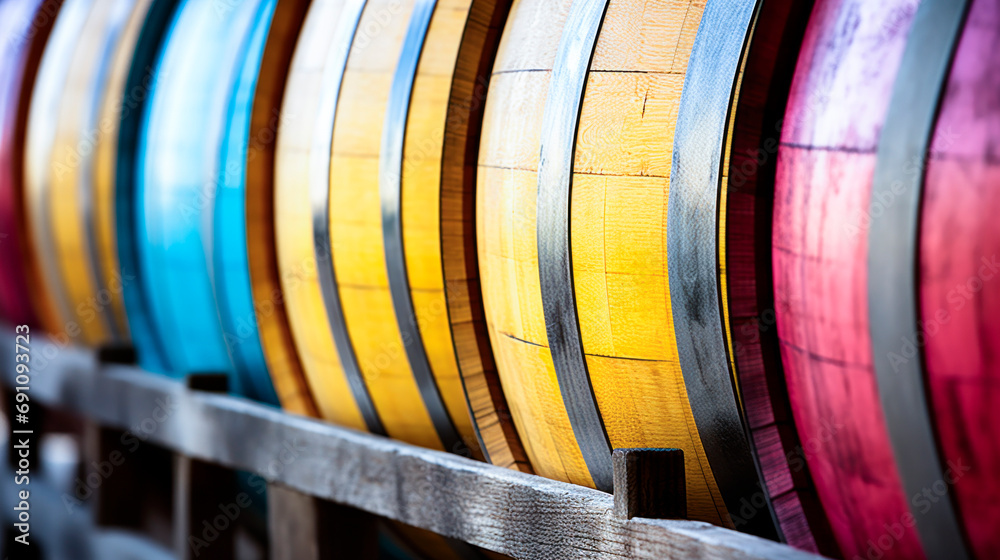 view of a row of wooden wine barrels, inside a cellar view of a row of wooden wine barrels, inside a cellar
