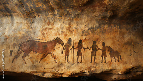 Rock paintings on a wall of a prehistoric cave