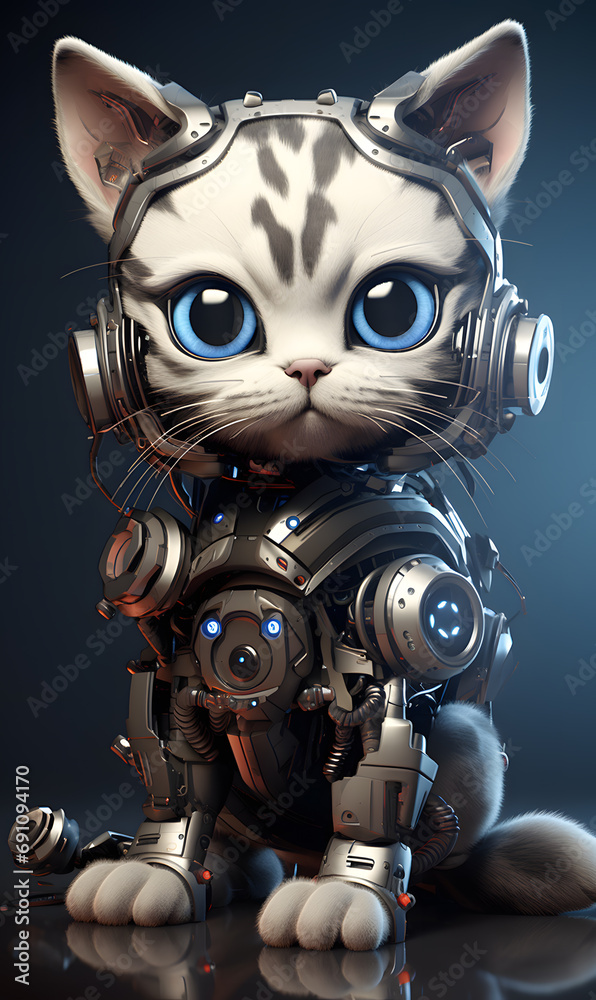 Cute cyborg cat wallpaper on blank background