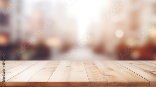 Rustic Wooden Table Top on White Blurred Abstract Background - Vintage Desk Surface with Empty Space for Interior Design Mockup and Retro Decoration Ideas. © Sunanta
