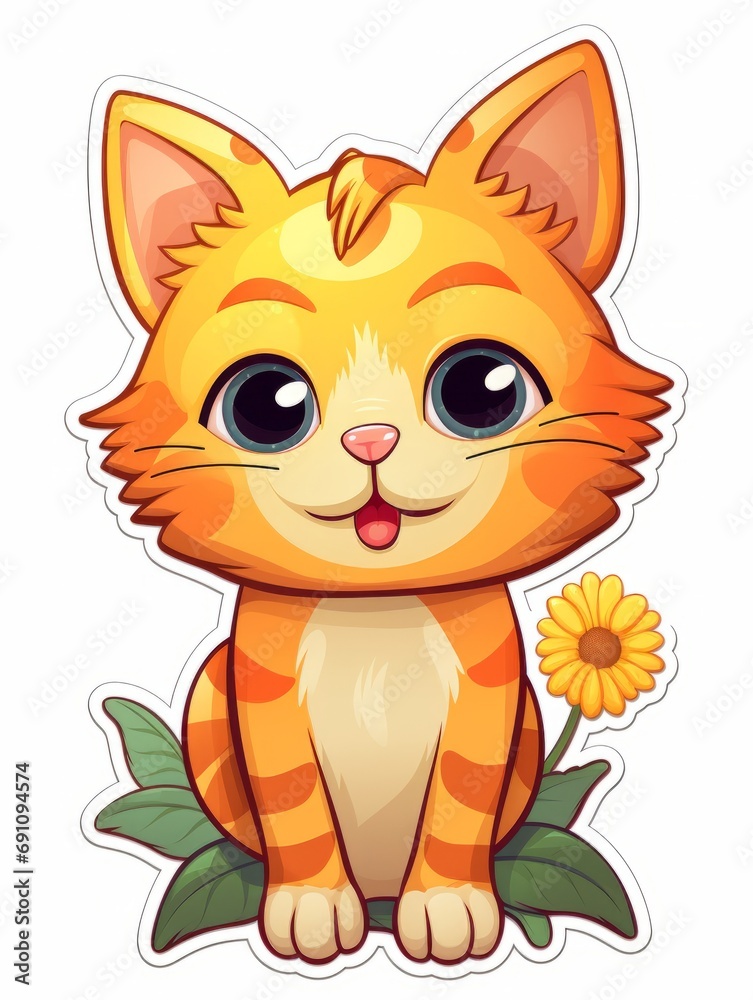 Cartoon sticker cute kitten with flowers, AI Cartoon sticker cute kitten with flowers, AI