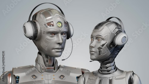 Two detailed futuristic robot operators looking at each other. Male and female humanoids with headphones. 3d rendering animation of the upper bodies isolated on color background