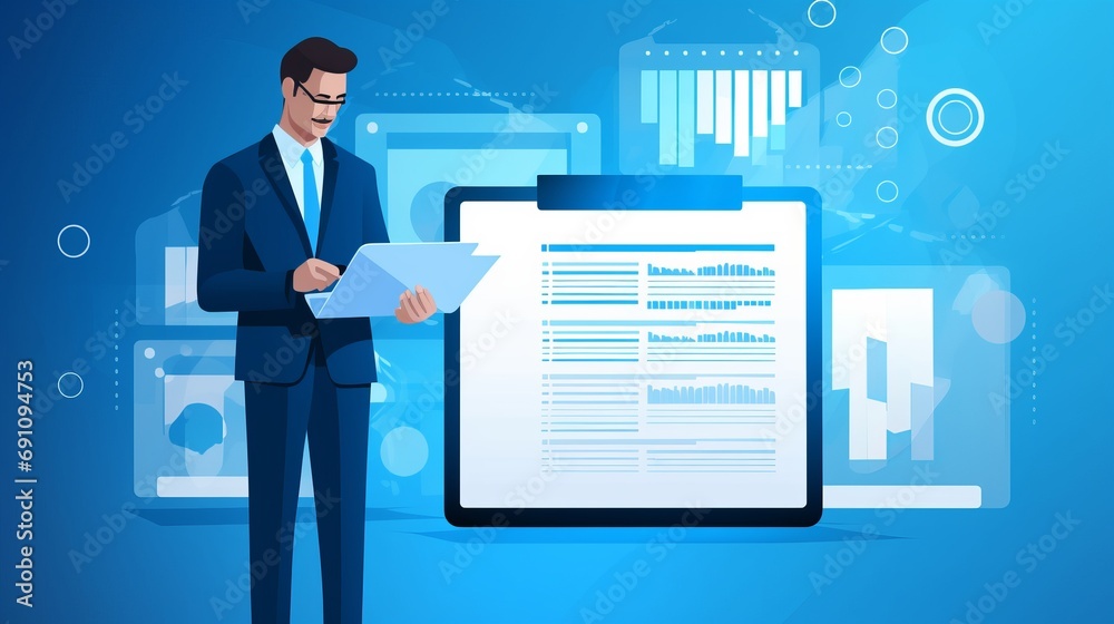 businessman monitoring performance with tablet and laptop | online survey and digital form checklist on blue background businessman monitoring performance with tablet and laptop | online survey and digital form checklist on blue background