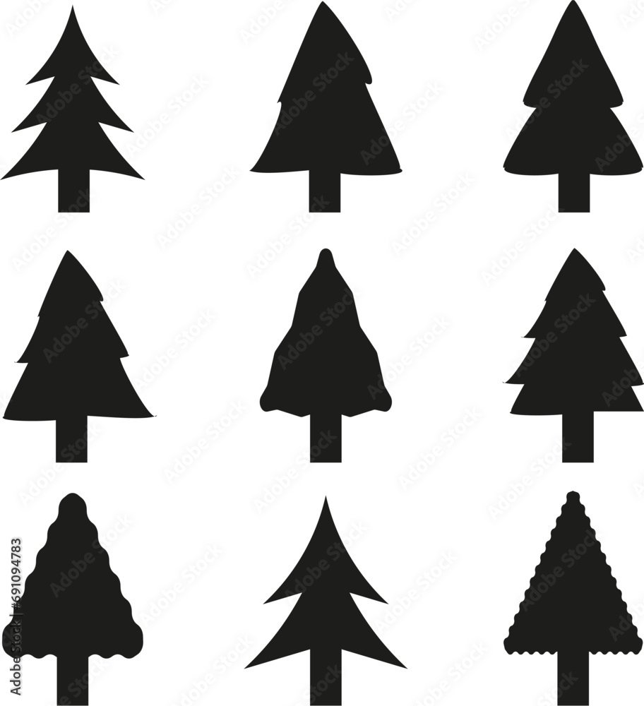 Merry Christmas and Happy New Year. Collection of fir trees. Black and white design. Simple signs, symbols. Vector illustration Merry Christmas and Happy New Year. Collection of fir trees. Black and white design. Simple signs, symbols. Vector illustration