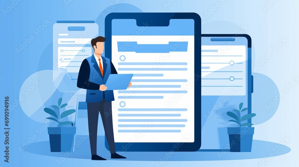 businessman monitoring performance with tablet and laptop | online survey and digital form checklist on blue background