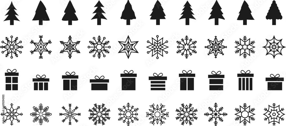 Merry Christmas and Happy New Year. Collection of fir trees, gift boxes and snowflakes. Black and white design. Simple signs, symbols. Vector illustration