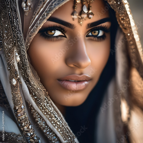 Close-up portrait of a beautiful woman in a hijab with a necklace on her head