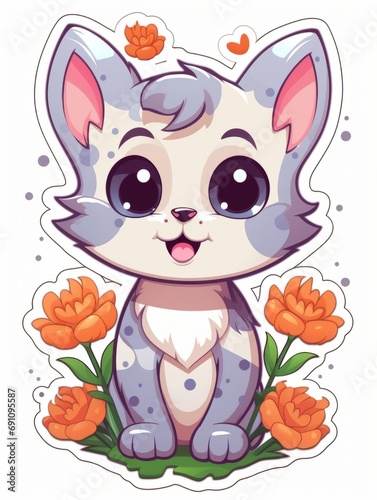Cartoon sticker cute kitten with flowers  AI