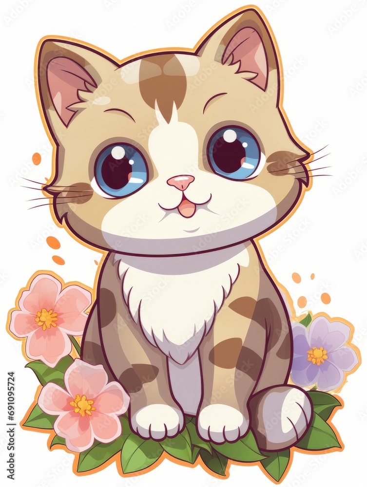 Cartoon sticker cute kitten with flowers, AI Cartoon sticker cute kitten with flowers, AI