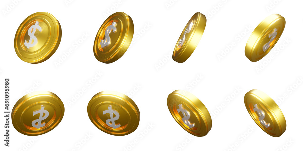 Glossy Gold Coins with white sign. Set PNG. Transparent background