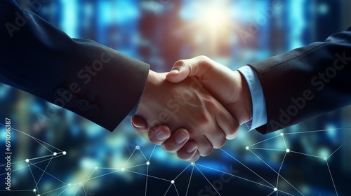 successful business agreement: close-up handshake with cityscape background photo