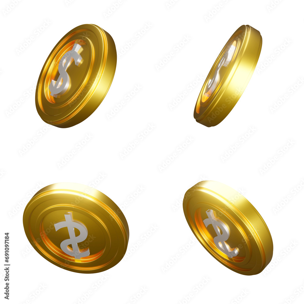 Glossy Gold 3d Coins . Set PNG. White dollar. Transparent background