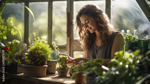 woman working on plants in greenhouse, romantic gardening photo