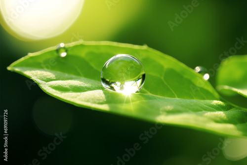 A gorgeous macro of a pristine drop of water on a verdant leaf, glinting in sunlight.