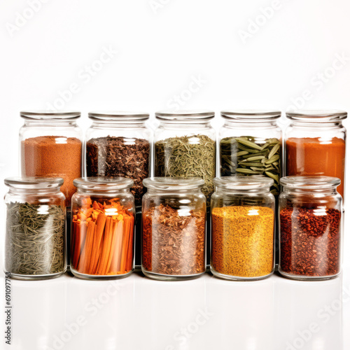 Glass jars filled with Indian spices on white background