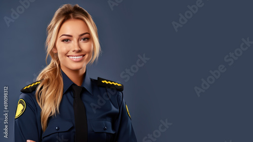 Blonde woman in police uniform smiling isolated on pastel background photo
