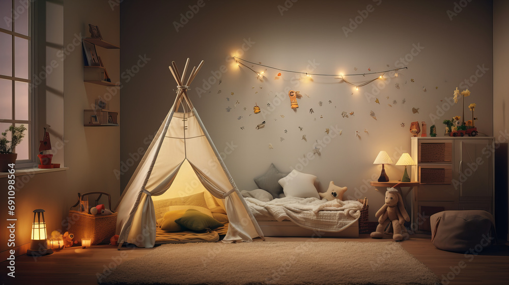 child bedroom with a teepee tent and lights - obrazy, fototapety, plakaty 