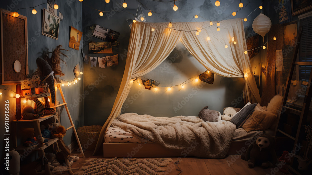 child's bedroom with some fancy lights and a canopy - obrazy, fototapety, plakaty 