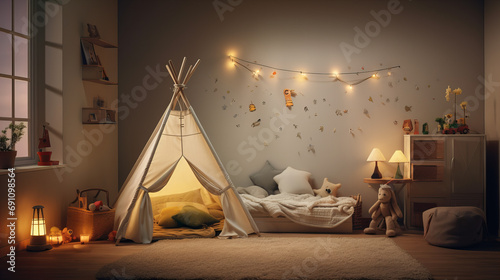 child bedroom with a teepee tent and lights photo