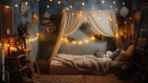 child's bedroom with some fancy lights and a canopy photo