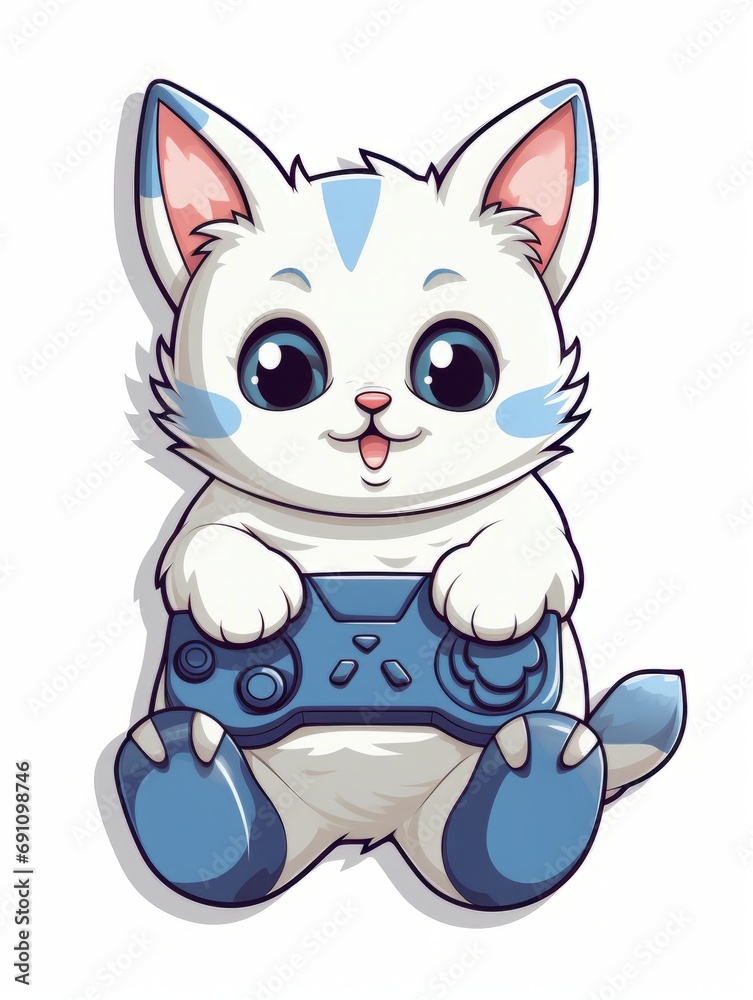 Cartoon sticker cute gamer kitten with game joystick, AI