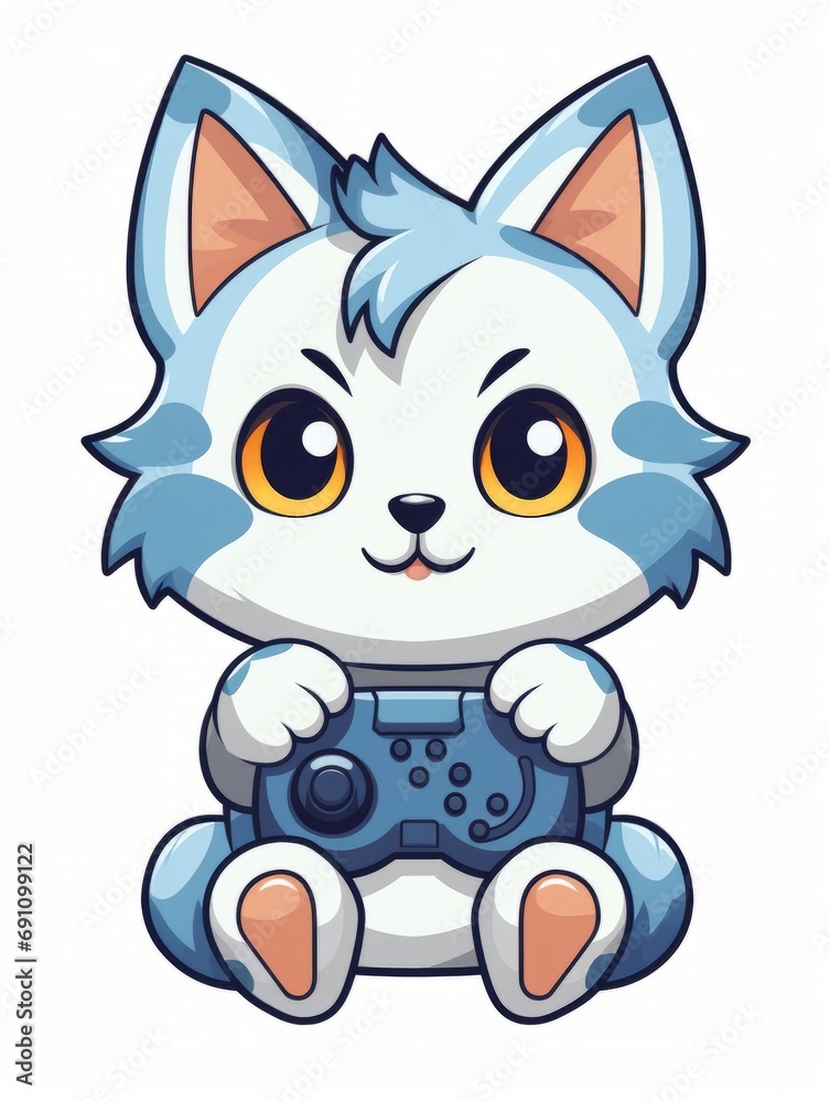 Cartoon sticker cute gamer kitten with game joystick, AI Cartoon sticker cute gamer kitten with game joystick, AI