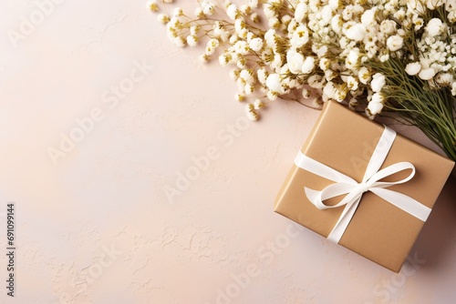 Floral bouquet and gift box with baby's breath on a bright tabletop, accompanied by a card.