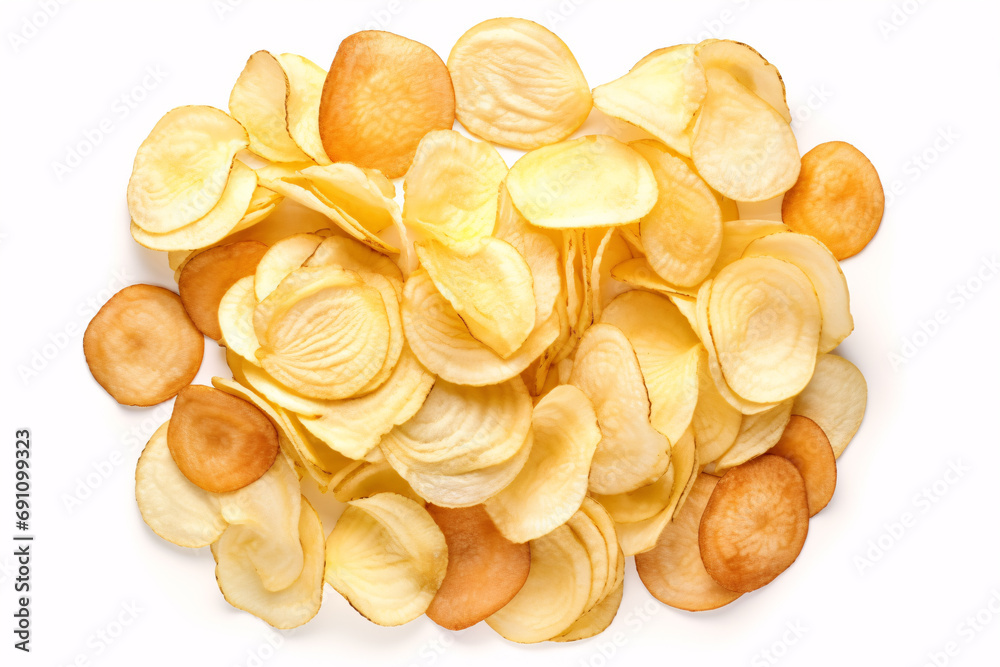 A mound of different salted crisps isolated atop a white backdrop, seen from above. A mound of different salted crisps isolated atop a white backdrop, seen from above.