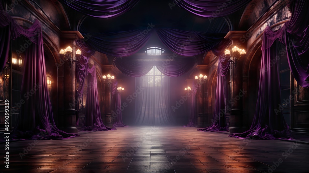 elegant old-fashioned stage with high ceilings and purple curtains - obrazy, fototapety, plakaty 