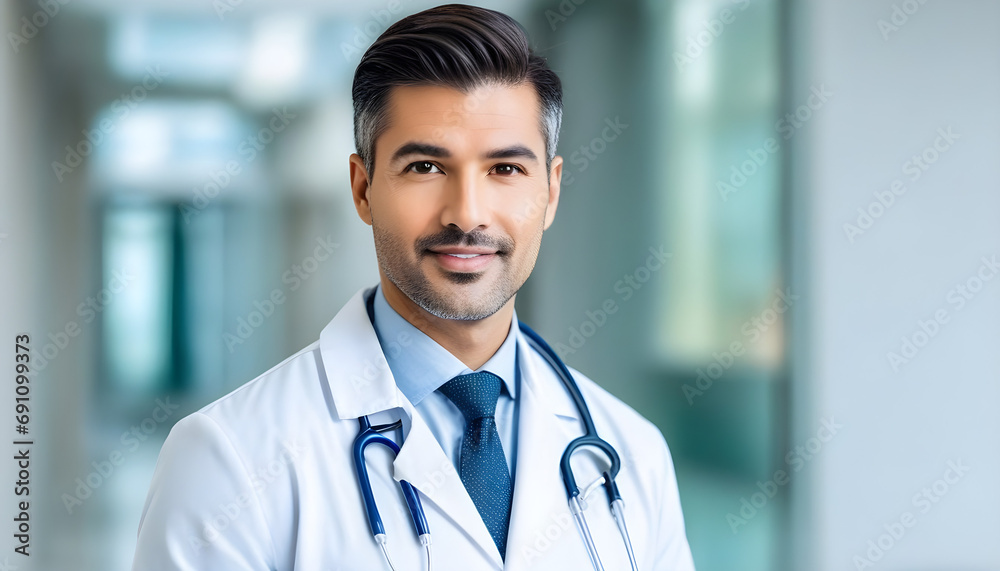 Portrait of handsome men doctor working in modern hospital, banner panorama. Portrait of handsome men doctor working in modern hospital, banner panorama.