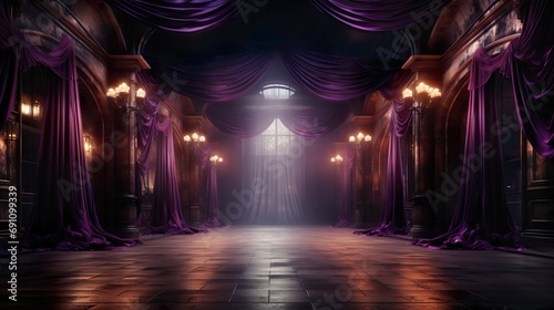 elegant old-fashioned stage with high ceilings and purple curtains