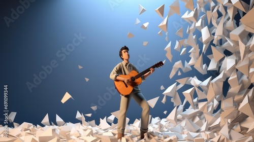Musician in a creative explosion of geometric shapes, playing guitar against an orange backdrop, symbolizing artistic expression.