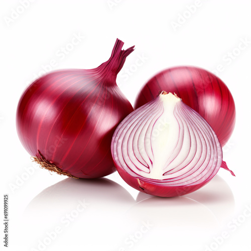 A red onion, both complete and diced, standing out on a white background.