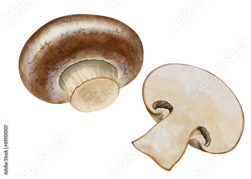 Champignon mushrooms. Illustration of mushrooms, whole and sliced. Vegan diet. For restaurants, grocery stores, pizzerias. For printing packaging, banners, menus, frozen and fresh products.  photo