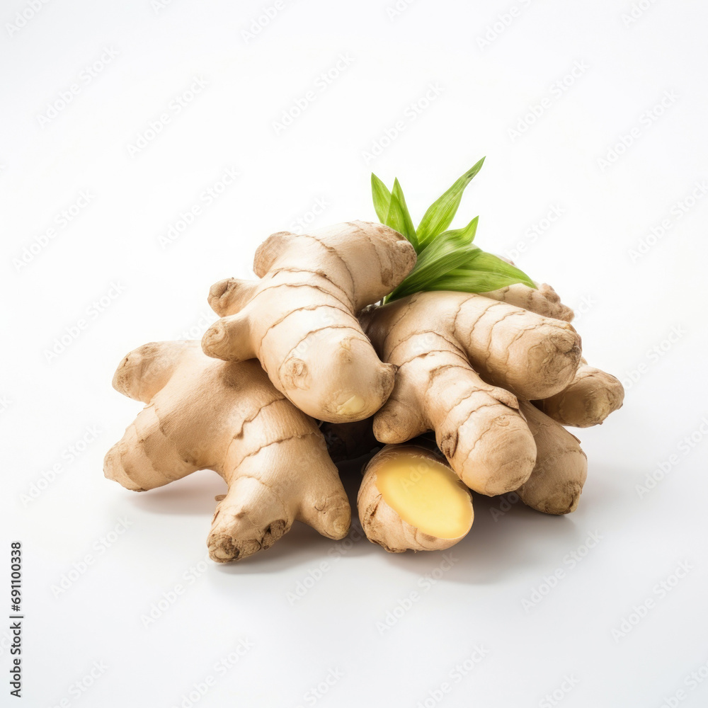 Fresh ginger with green leaves isolated on white background. Fresh ginger with green leaves isolated on white background.