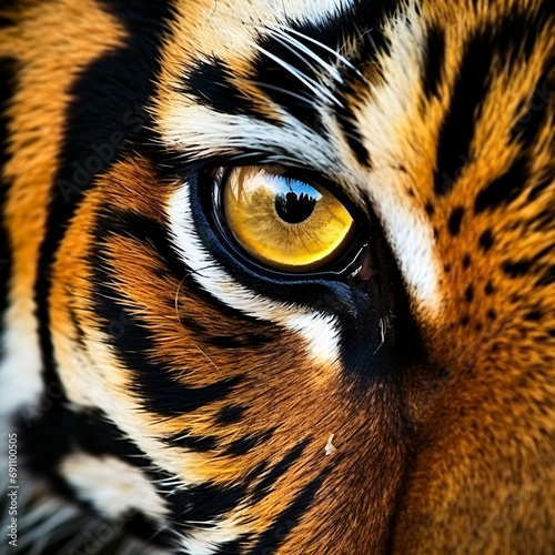 Captivating close-up of a perilous orange and black-striped feline in its tropical jungle habitat.