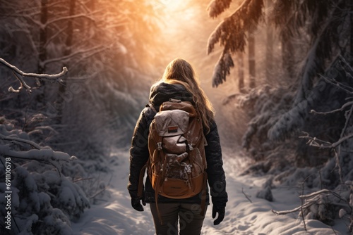 Female in cozy winter coat with faux fur and backpack hiking in snowy evergreen forest.