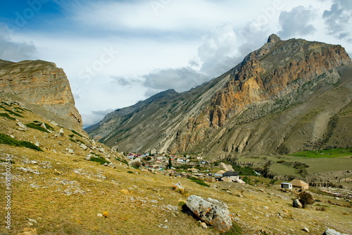 Russia. North Caucasus, Kabardino-Balkaria. A picturesque panorama of stone crypts in the City of the Dead of the XI century near the village of Eltyub in the Chegem gorge.