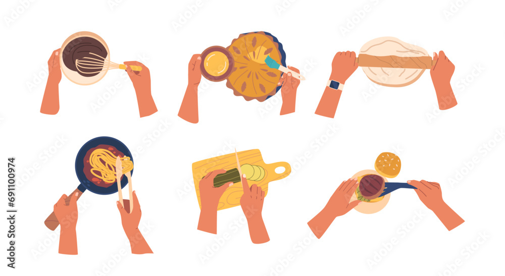 Set Hands Cooking Top View Image Capturing Hands Preparing Pastry, Pasta, Vegetable Food From Above, Vector Illustration Set Hands Cooking Top View Image Capturing Hands Preparing Pastry, Pasta, Vegetable Food From Above, Vector Illustration