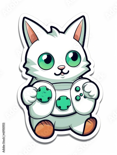 Cartoon sticker cute gamer kitten with game joystick, AI © Vitalii But
