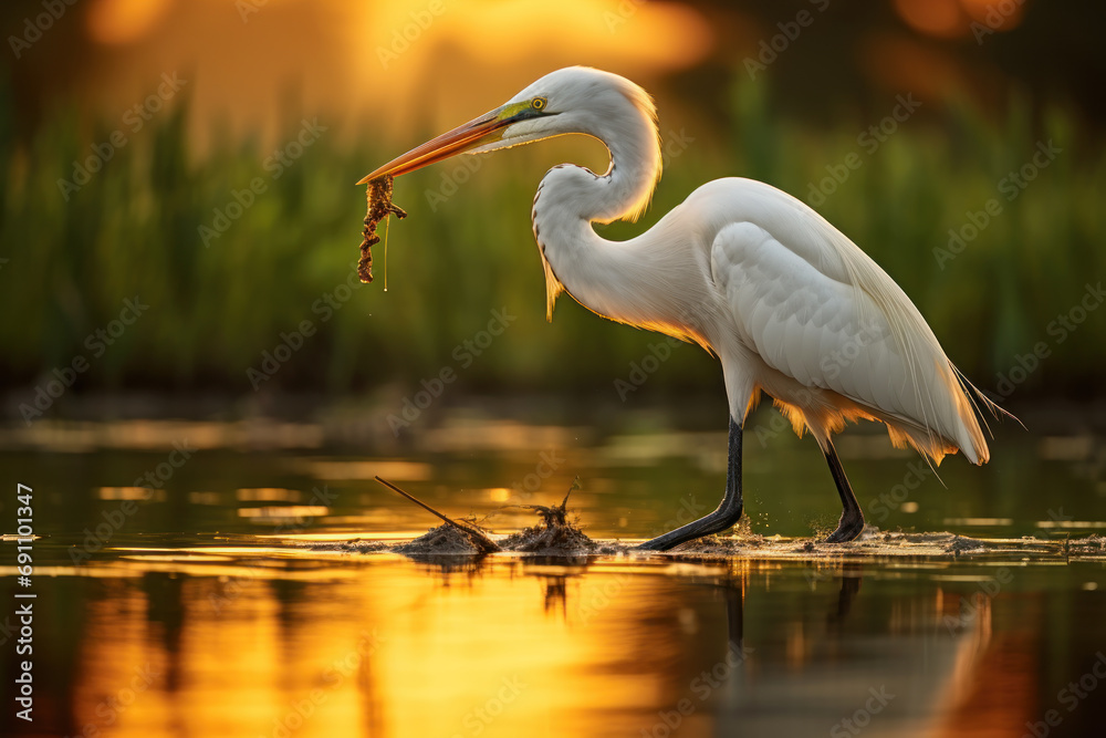 Egret is looking for food in wetland conservation and sustainability - obrazy, fototapety, plakaty 